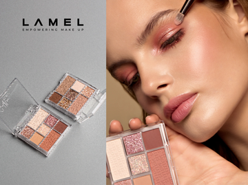 Various makeup products including eyeshadow application palettes, blushes, brushes, and lip products arranged on a white background